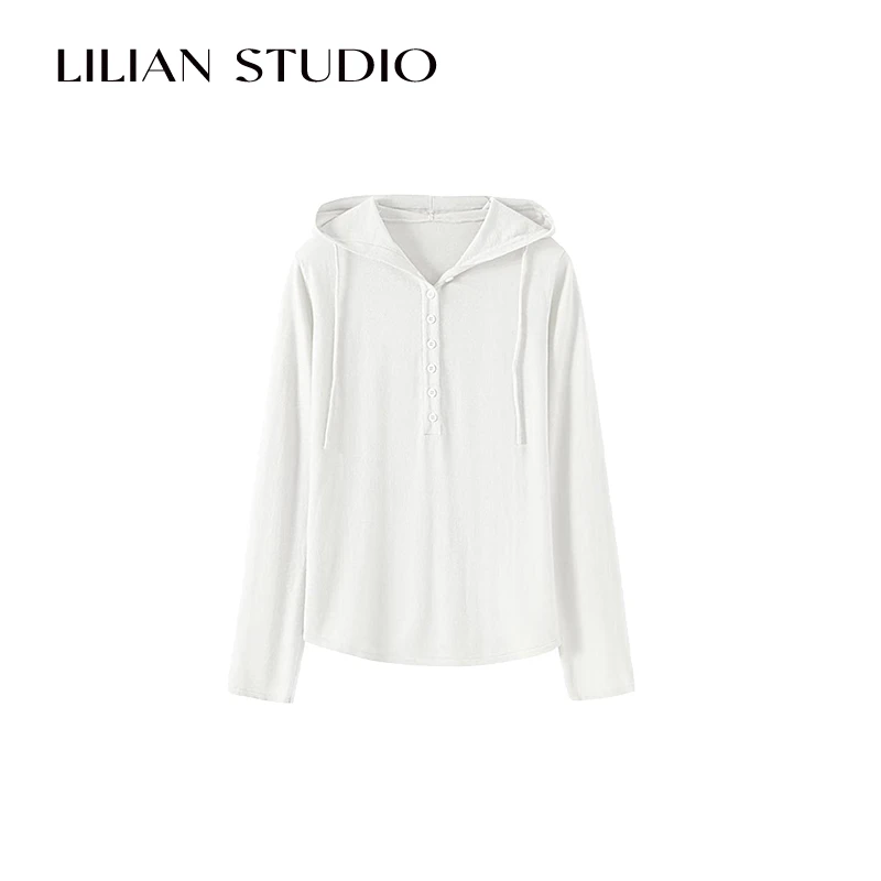 莉莉LIlian25春 慵懒感纸片人连帽绵羊毛针织衫半开纽扣上衣女