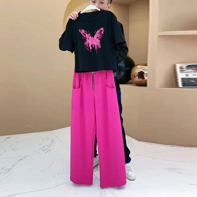 夏装搭配一整套时尚洋气蝴蝶印花短袖t恤女高腰别致拉链阔腿长裤