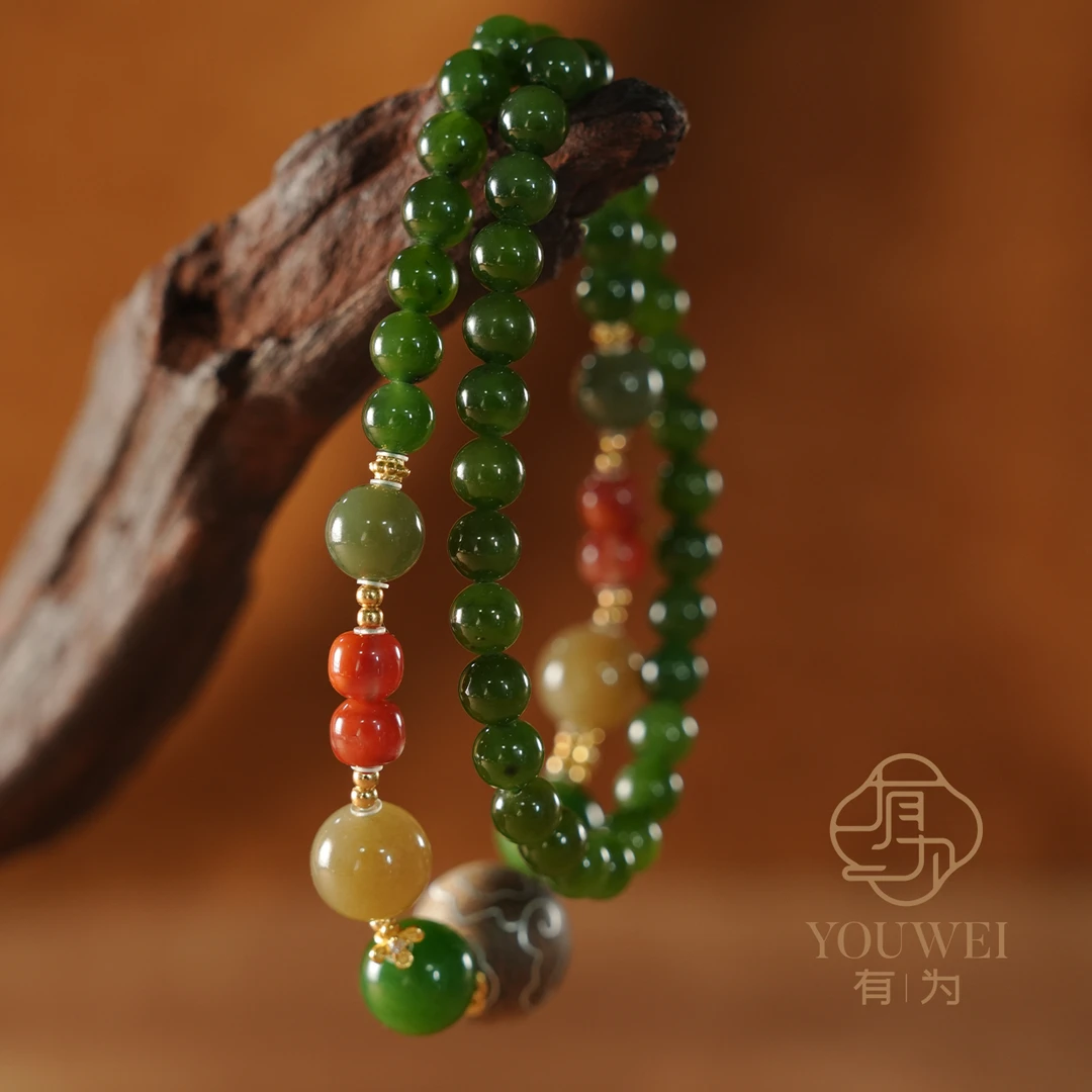 和田玉南红S925银镀金手串【青云鸿运】（多样性发其一）