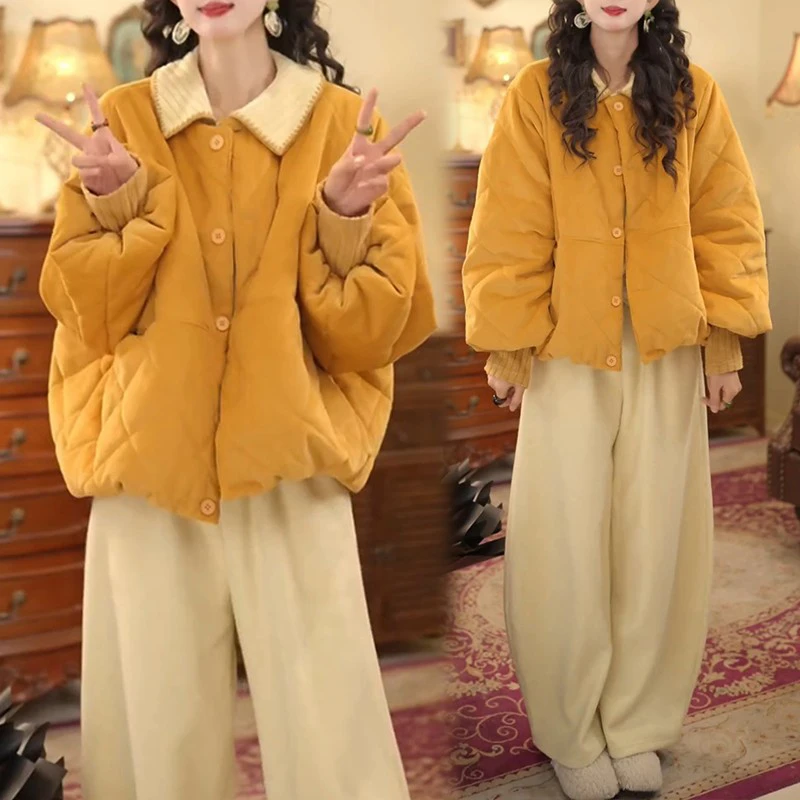 韩系圆领花苞袖短款棉服女冬季百搭宽松保暖小个子夹棉外套小棉袄