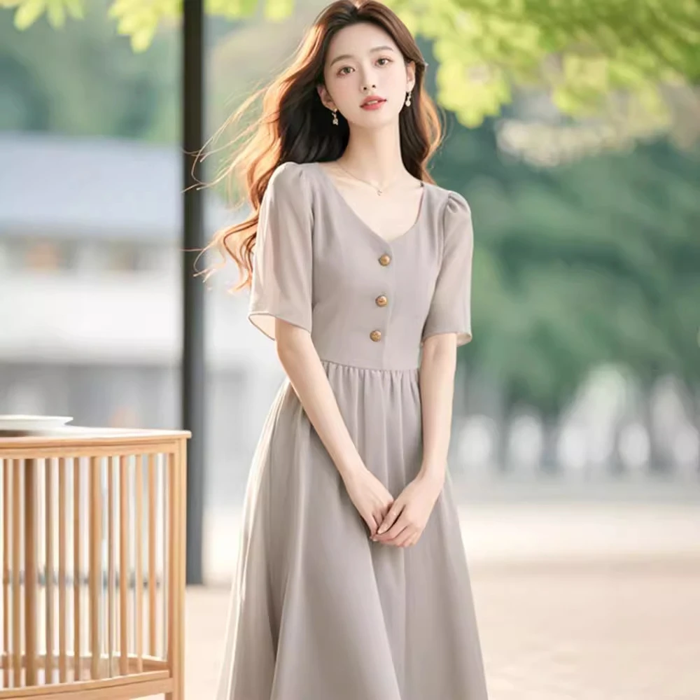 2024新款夏季端庄大气长裙超好看灰色雪纺短袖连衣裙碎花连衣裙