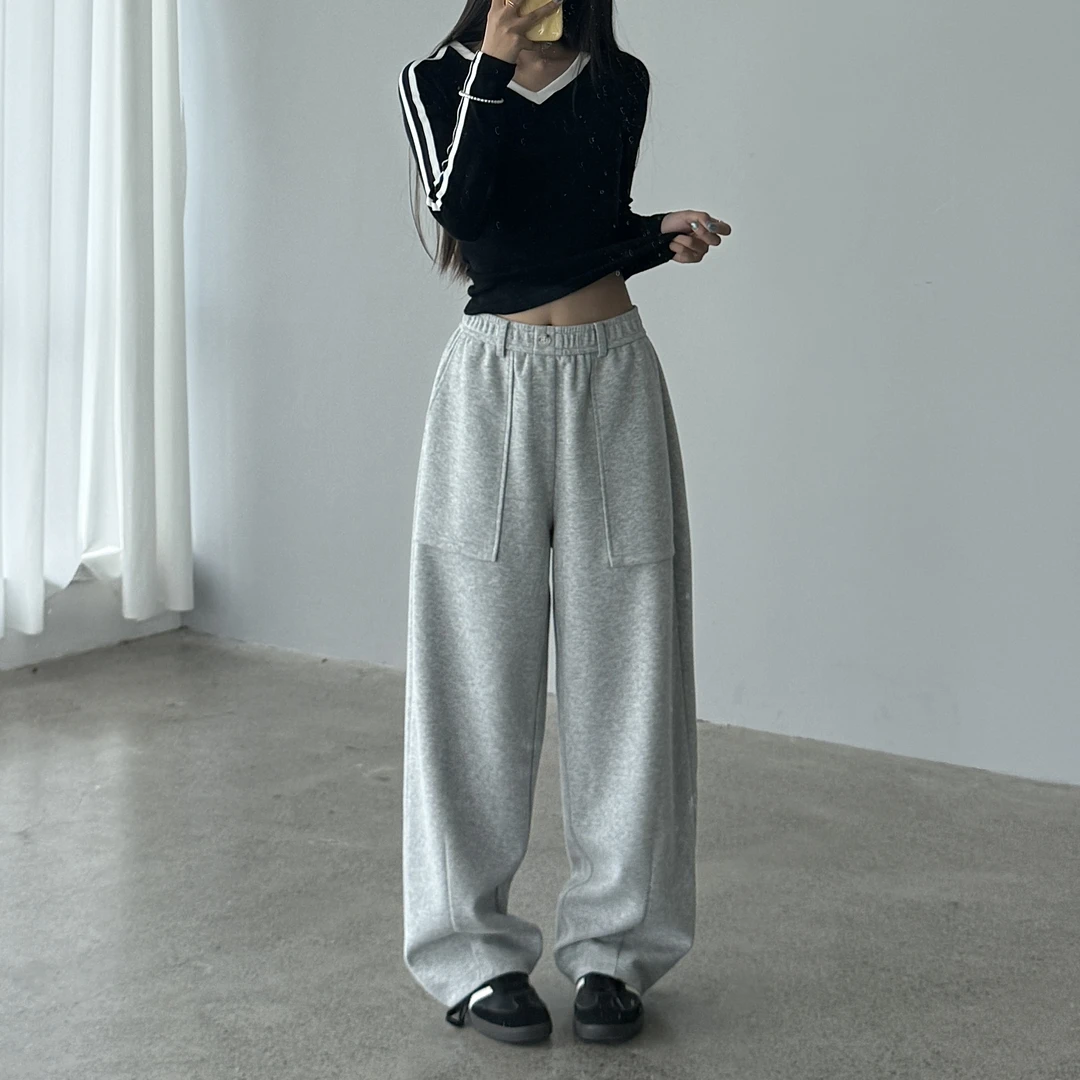 YANGKE早秋时尚休闲中腰阔腿宽松卫裤口袋设计运动裤男女
