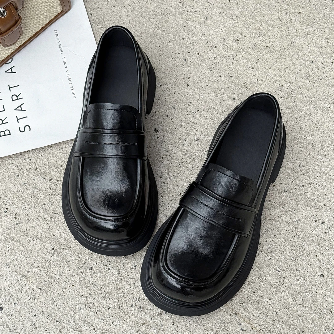 厚底黑色乐福鞋女2025新款配裙子英伦大头软底软面舒适一脚蹬单鞋