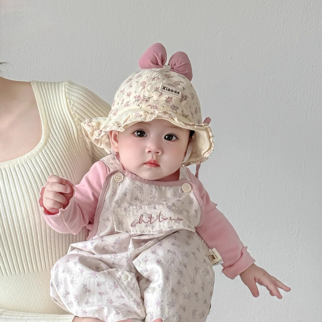 女儿童帽子春秋薄款甜美蝴蝶结渔夫帽婴儿小月龄遮阳可调节盆帽夏