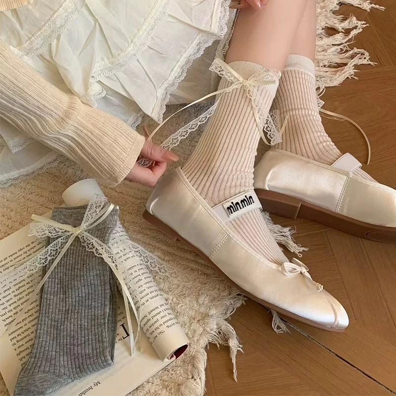 少女风薄款薄棉女长筒袜堆堆袜中筒袜秋季透气袜子蕾丝蝴蝶结款