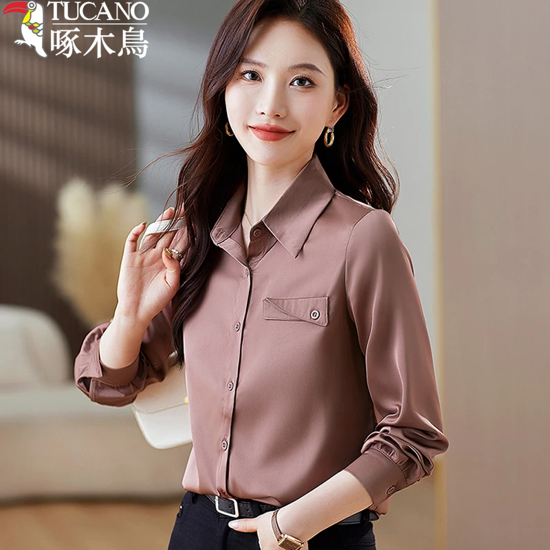 TUCANO/啄木鳥衬衫女绸缎春秋新款气质长袖衬衣时尚百搭打底上衣