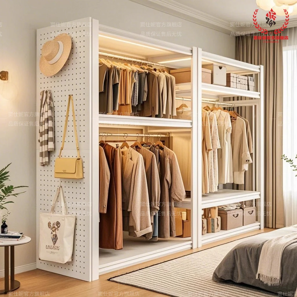 卧室衣柜衣架开放式衣柜置物架落地架一体家用货架开放式钢制衣柜