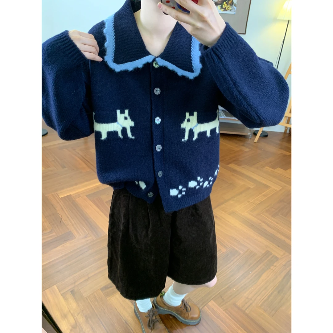复古麋鹿提花翻领针织开衫女韩系秋冬新款宽松显瘦软糯毛衣外套潮