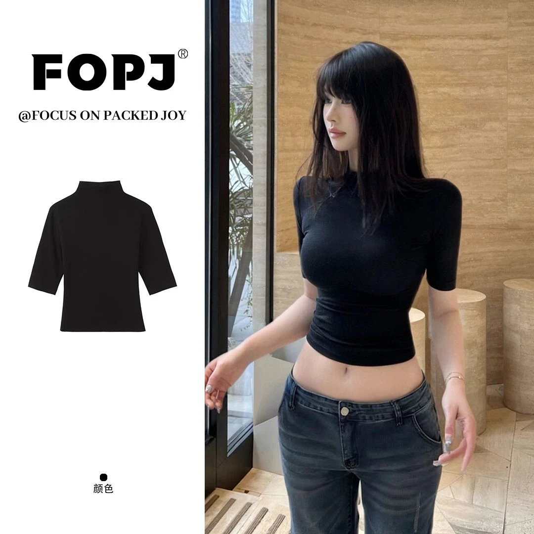 FOPJ美式辣妹短款半高领长袖t恤女内搭修身显瘦纯欲风打底衫上衣