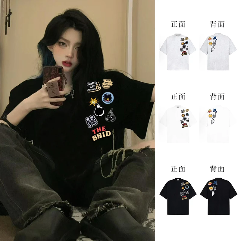 【重工贴布刺绣】街头风美式潮牌短袖t恤男女夏季新款复古宽松上衣