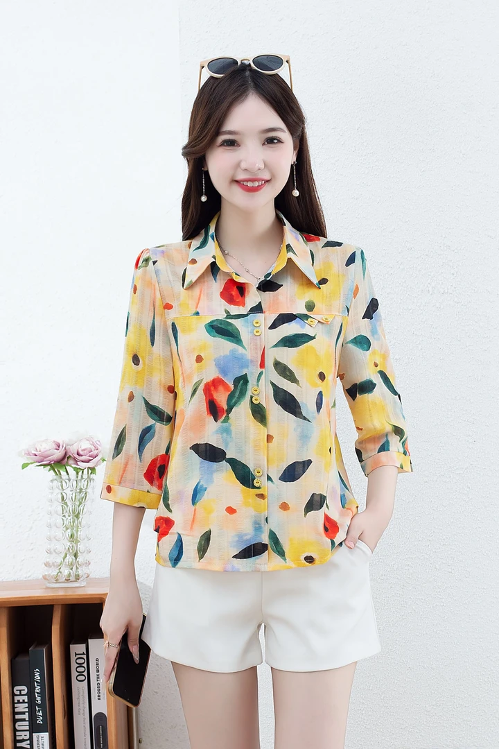 秋季新款七分袖碎花条纹衬衫女显瘦减龄宽松洋气百搭妈妈装上衣