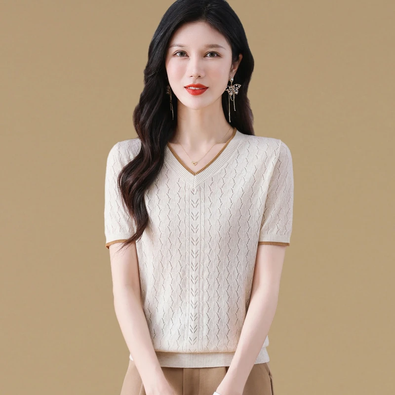 夏季新款v领冰丝短袖t恤女高级感宽松百搭针织打底衫薄款洋气上衣