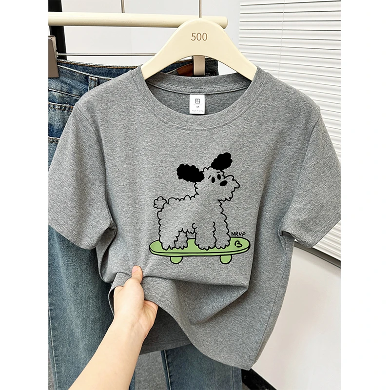 韩系ins减龄小狗印花正肩短袖t恤女夏季新款洋气休闲圆领上衣服