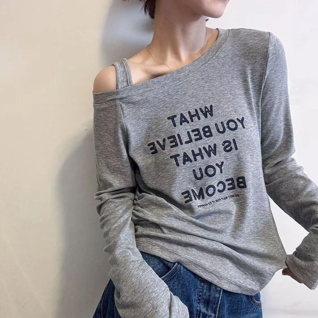 褶皱收腰斜领露肩长袖T恤女早秋新款宽松体恤打底衫洋气减龄上衣