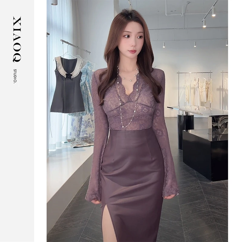 XIAOQ「摩登心机」深V蕾丝透肤喇叭长袖+侧开衩包臀皮裙套装29885