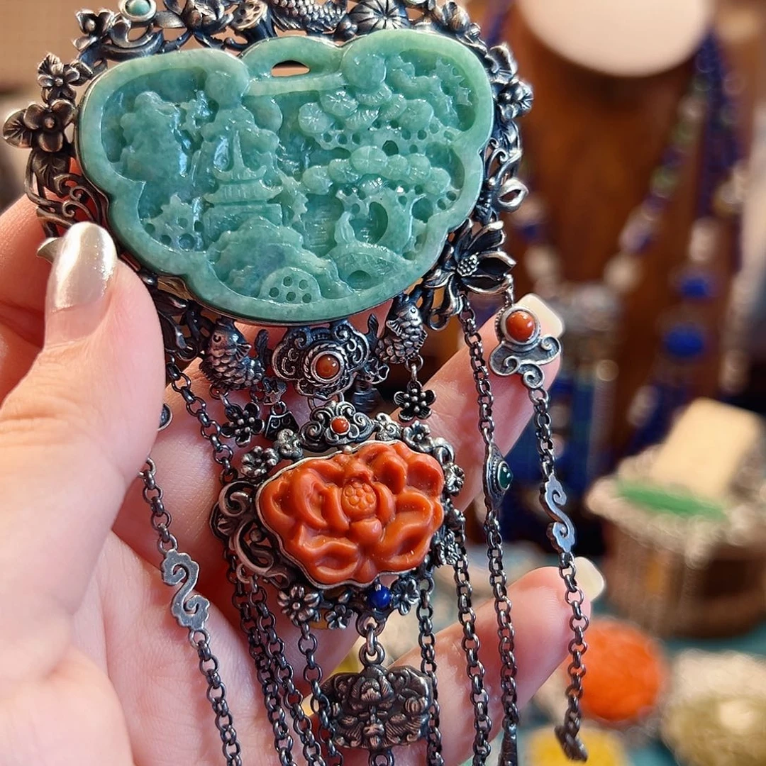 翡翠银S925镶嵌颈饰国风