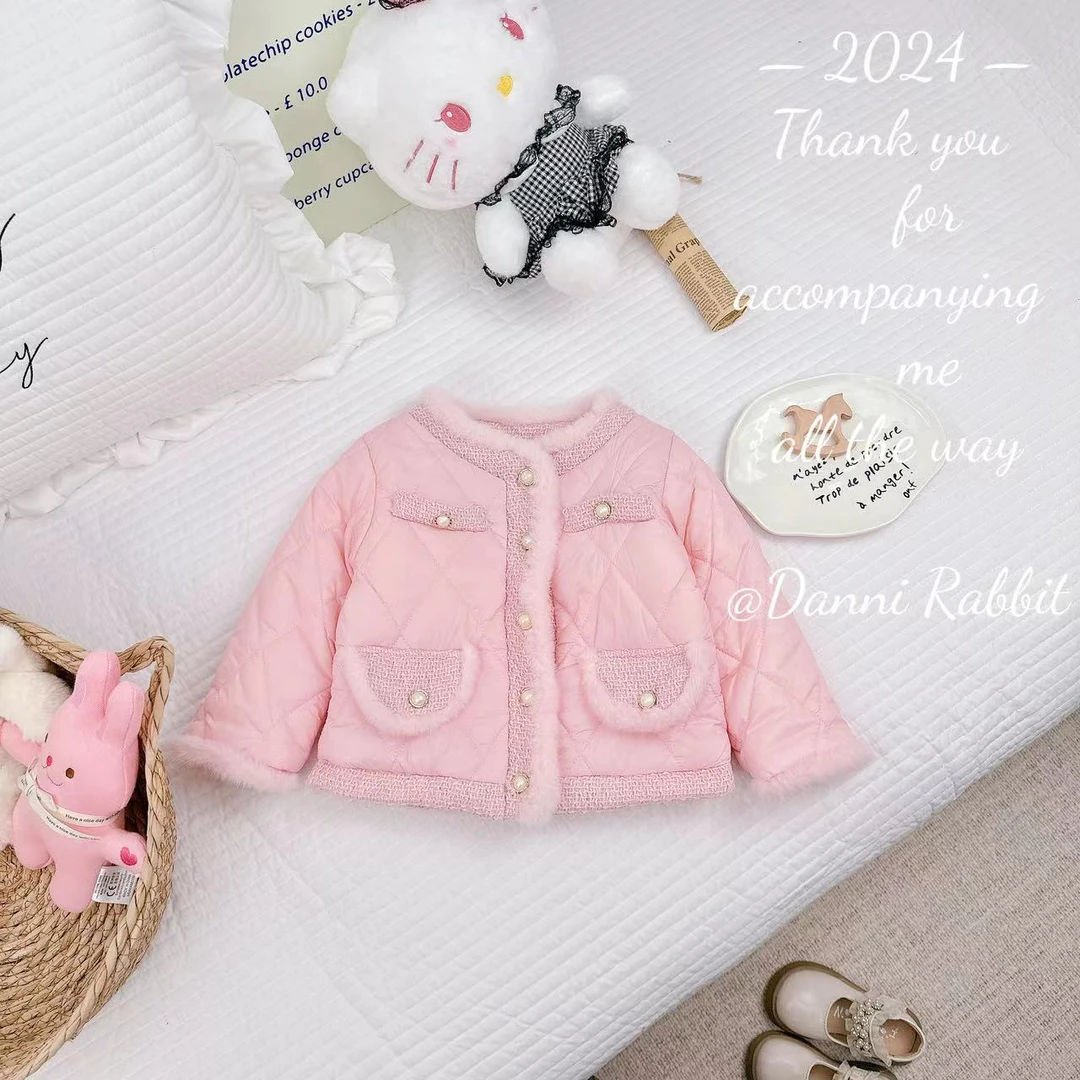 冬款新款女童小香风毛边加绒粉色时尚外套.D-ZK190