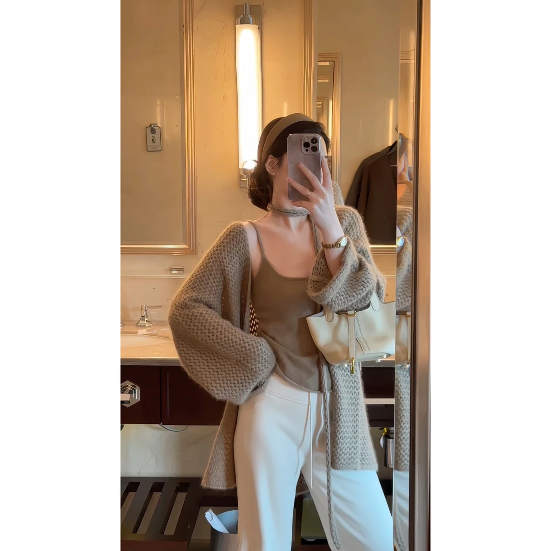 富家千金老钱风春秋慵懒内搭打底背心吊带针织开衫休闲直筒阔腿裤