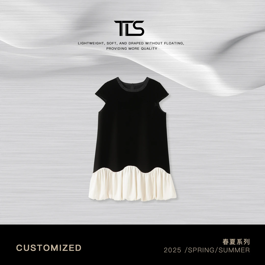 TT【雪绒花】100%桑蚕丝法式圆领撞色轻盈亲肤动态美感连衣裙0454