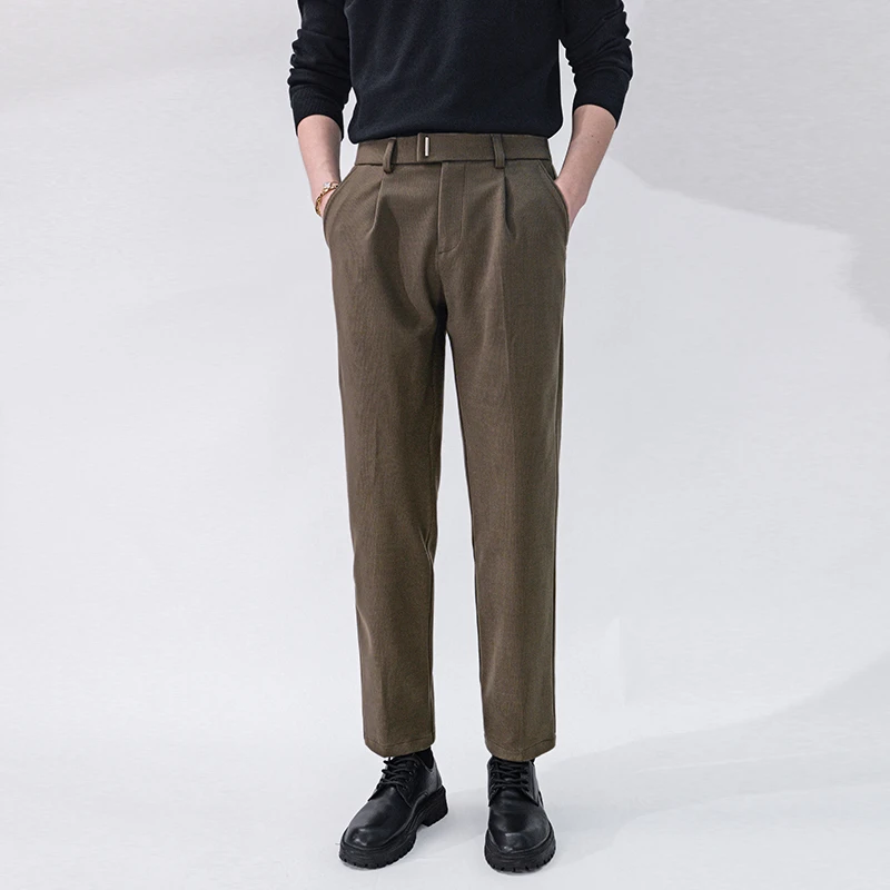 设计感毛呢裤男宽松西裤秋冬新款松紧腰百搭厚款男士休闲九分裤