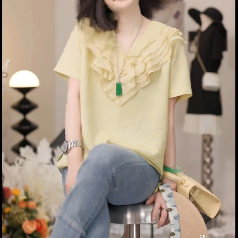 夏日出游度假V领波浪花边休闲短袖上衣LK2503139
