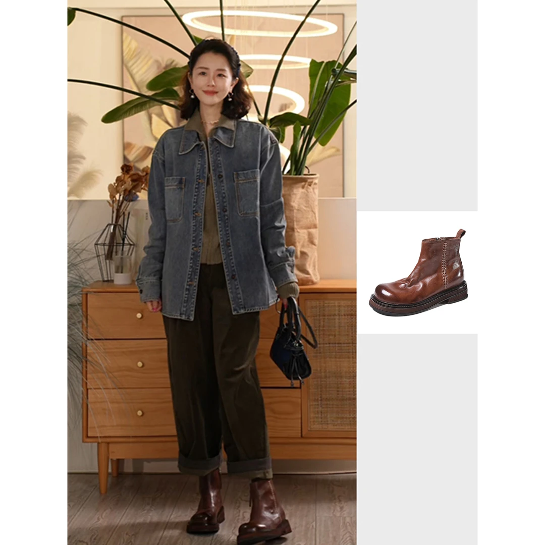 Y【叭哒不惑】牛皮复古短靴女时尚马丁靴英伦风百搭靴子