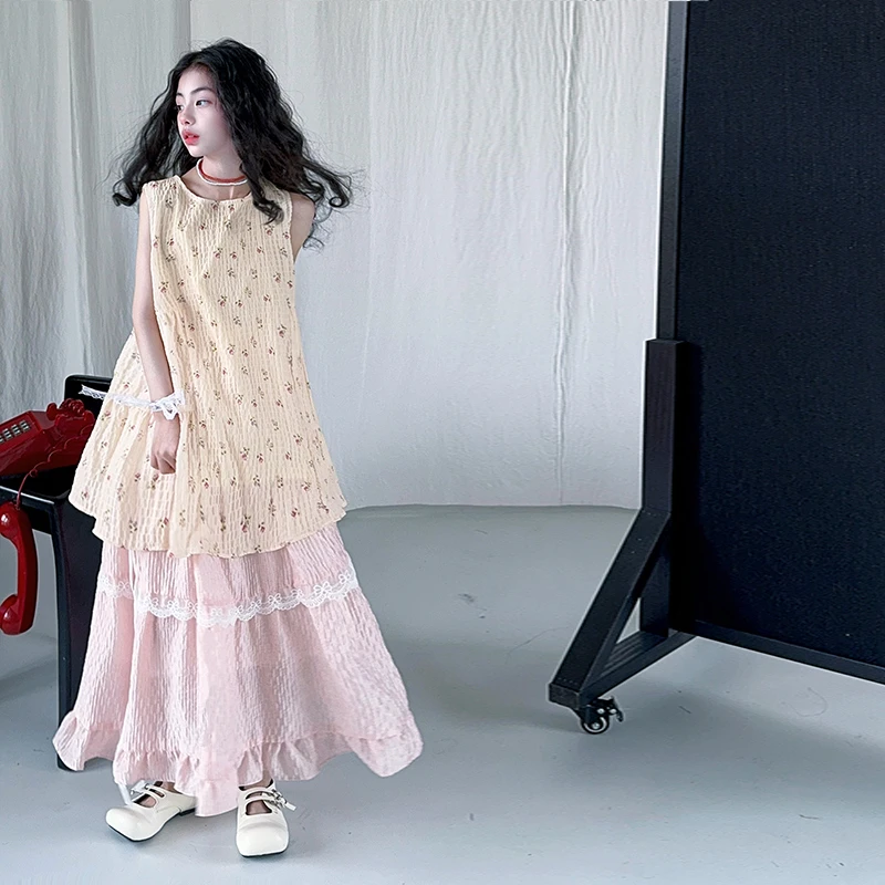 女童多巴胺甜美碎花背心连衣裙夏季学院风无袖上衣半身裙两件套潮