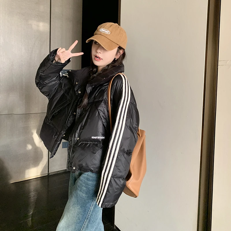 黑色短款羽绒服女冬季2024新款韩版ins炸街三条杠90绒白鸭绒外套