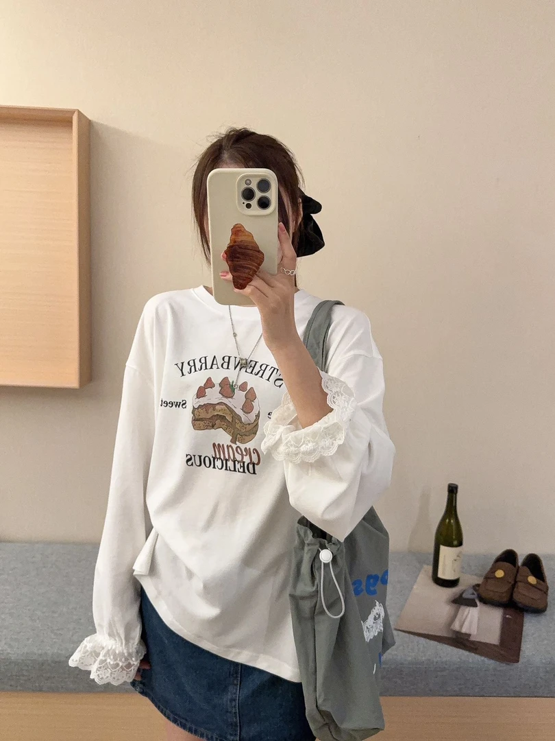 程程甄选 韩系东大门草莓蛋糕蕾丝花边袖T恤1091