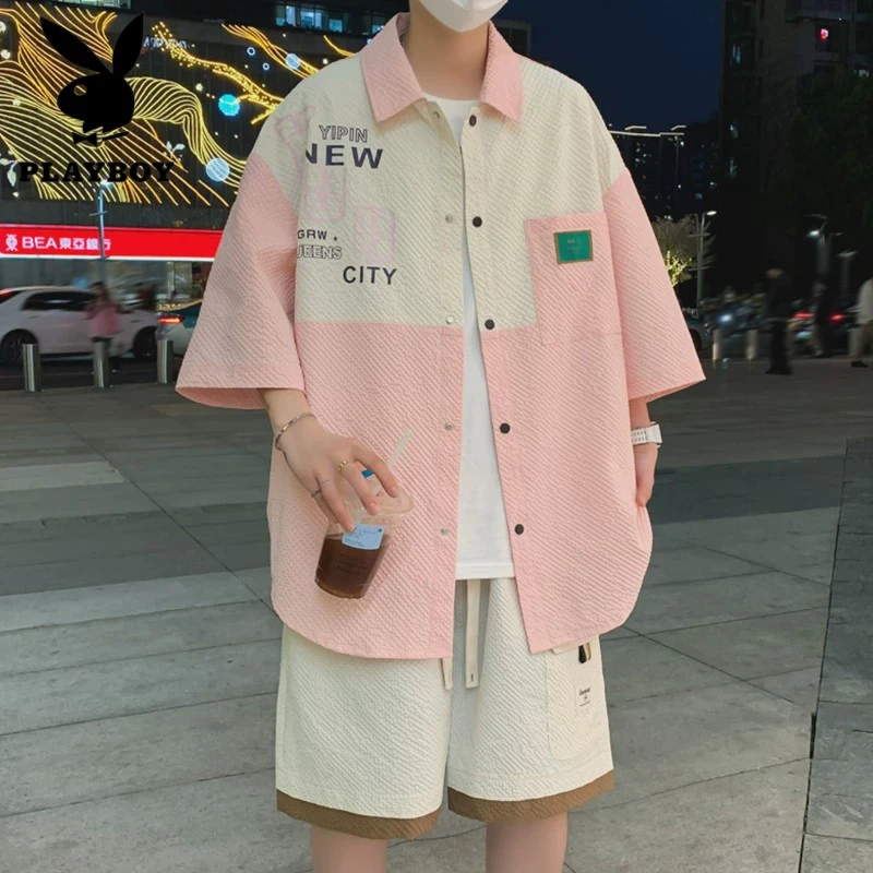 花花公子休闲套装男夏季冰丝衬衫男短袖短裤穿搭一整套高级感潮流