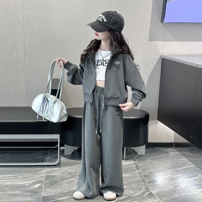 女童秋装套装2025新款洋气女大童连帽上衣春秋款儿童时髦开衫卫衣