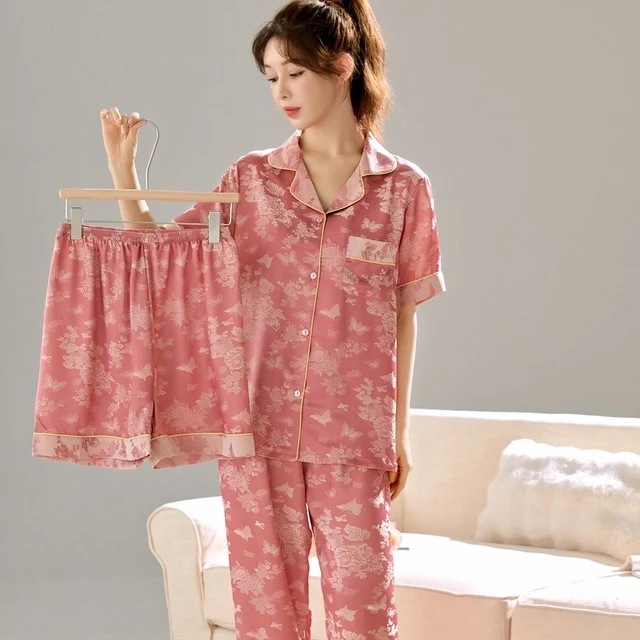 2025新款睡衣女冰丝夏季高级感轻奢短袖三件套装家居服夏天可外穿