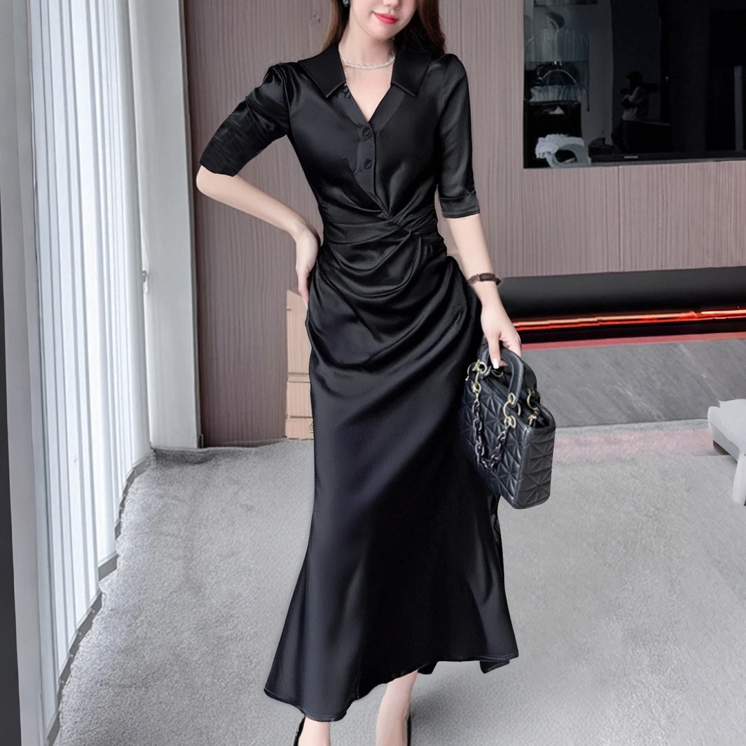 A春季v领衬衫连衣裙气质法式修身名媛女褶皱收腰显瘦鱼尾裙D0553