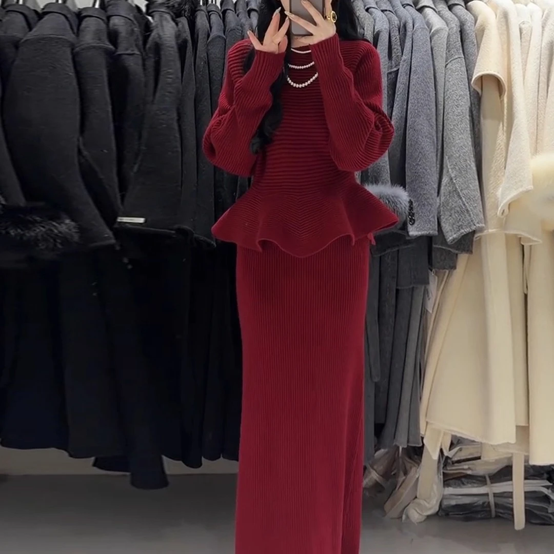 轻熟御姐风气质红色针织上衣半裙女装2025秋冬新款时髦巨好看套装