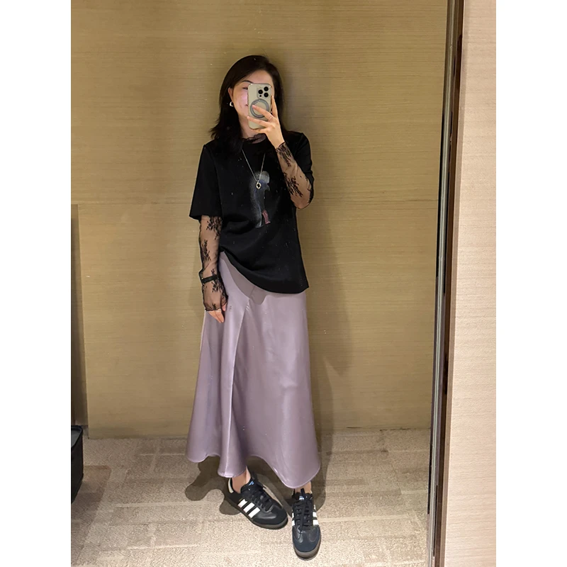 花总吖【维港晚风】新款气质显瘦显高缎面松紧腰半身裙R425G00050