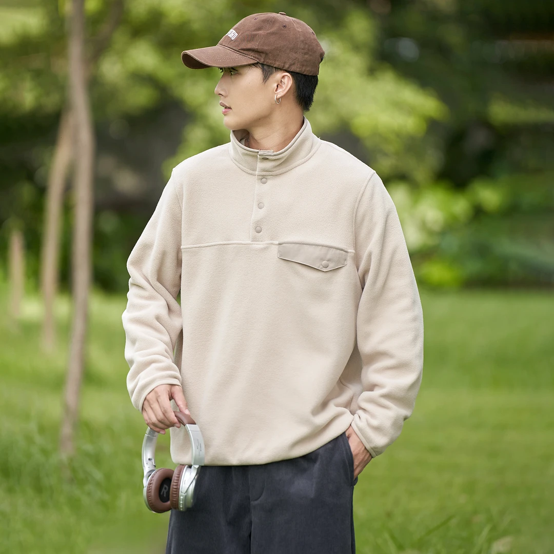 摇粒绒秋冬抗静电男士半高领立领宽松长袖加绒卫衣外套奥粒绒绒衫