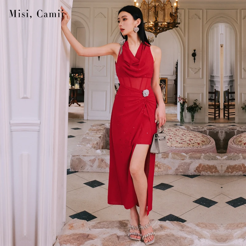 Misi,Camii2024早秋新款女装钻玫瑰荡领抽褶礼服裙宴会晚会连衣裙
