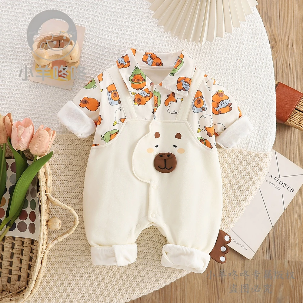 春秋款卡皮巴拉哈衣卡通长袖洋气男女宝宝可爱童装婴幼儿连体爬服