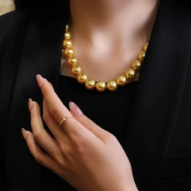 铜合金仿珍珠项链 正圆浓金珠 大点位珠项链10mm妈妈链气质金色