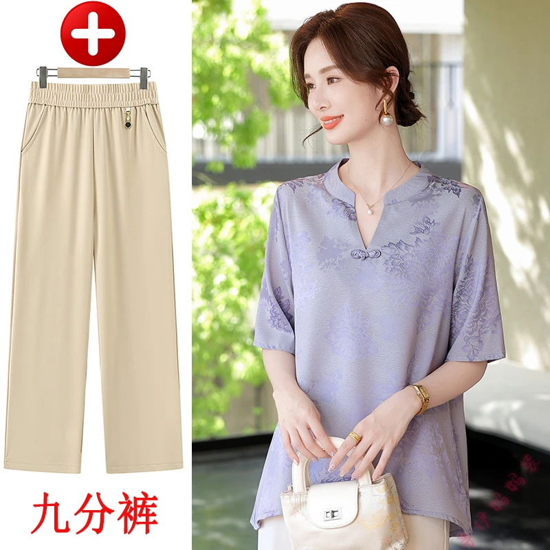 新款夏季时尚妈妈夏季中袖薄款小衫中老年女装V领时尚新中式的T恤