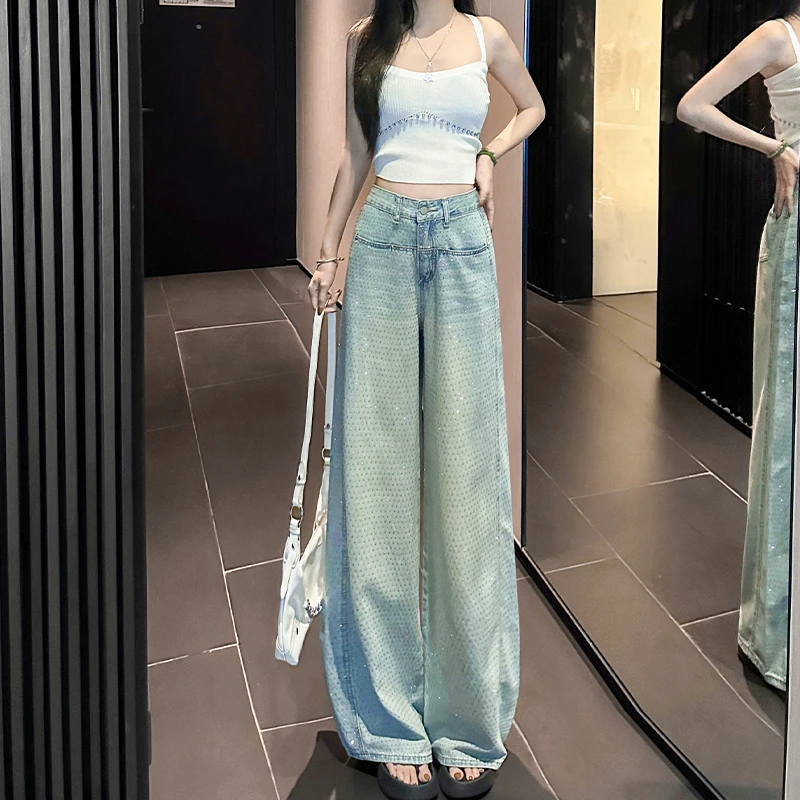 夏日浅重工烫钻阔腿牛仔裤女2025夏季薄款宽松显瘦直筒裤小个子