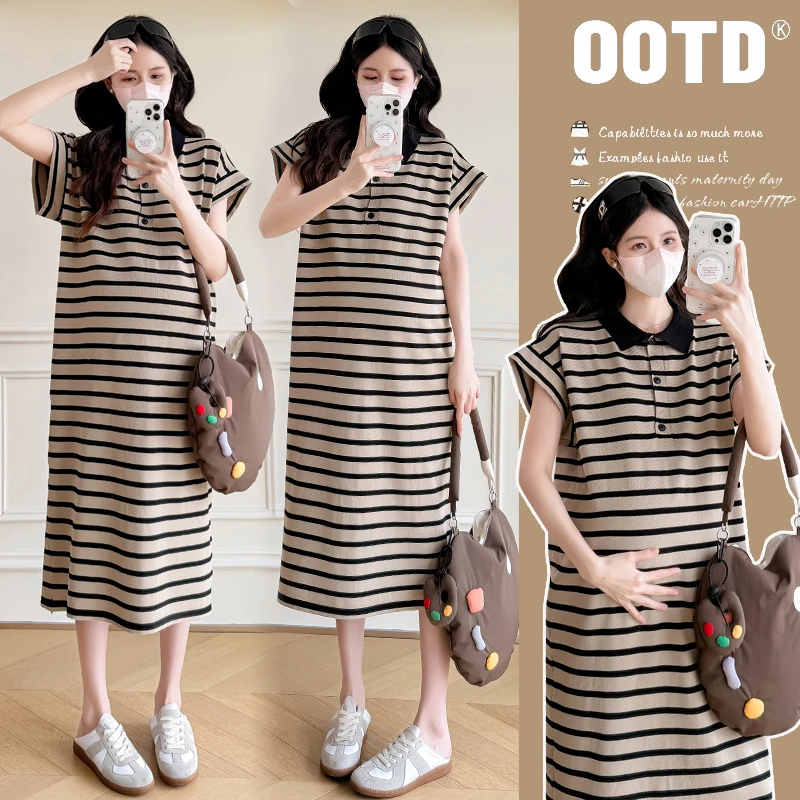 网红时髦孕妇装夏季新款爆款宽松大码减龄显瘦经典条纹孕妇连衣裙