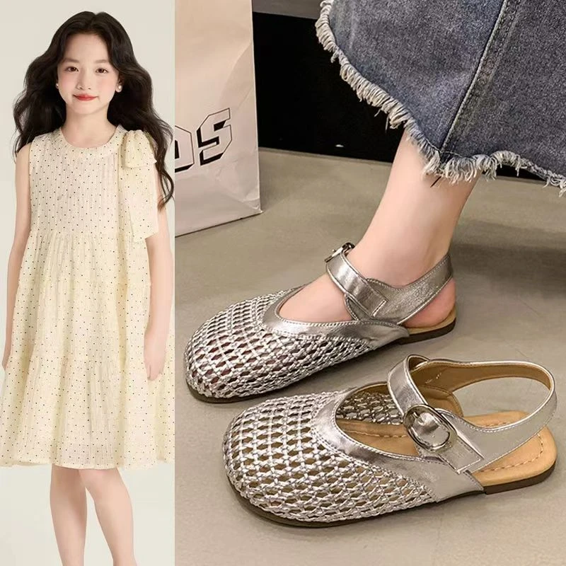 女童凉鞋儿童编织镂空百搭公主鞋子2025夏季新款小女孩韩系罗马鞋