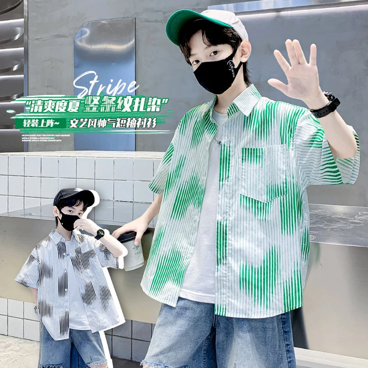 男童装夏季竖条纹短袖衬衫休闲百搭儿童夏款衬衫时尚男孩潮68032