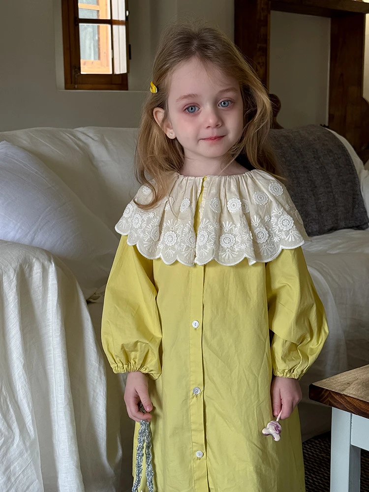【BA黎-402】2025春女童新款韩版柠檬黄&藏青蕾丝大翻领长袖连衣裙