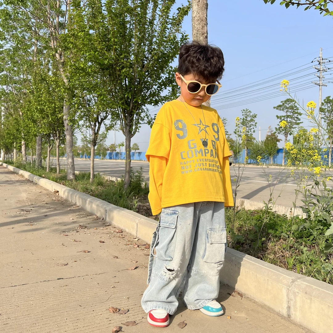 2025潮童元气满满 春季新款儿童黄色假两件拼接袖印花长袖T恤