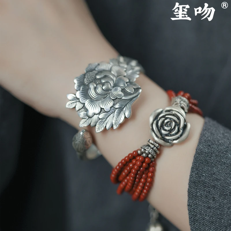 足银手镯 【玺吻】足银999国色天香牡丹花开口手镯时尚东方潮流手镯