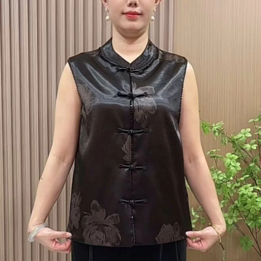 2528新中式马甲女短款中老年妈妈装无袖百搭缎面盘扣砍袖马甲