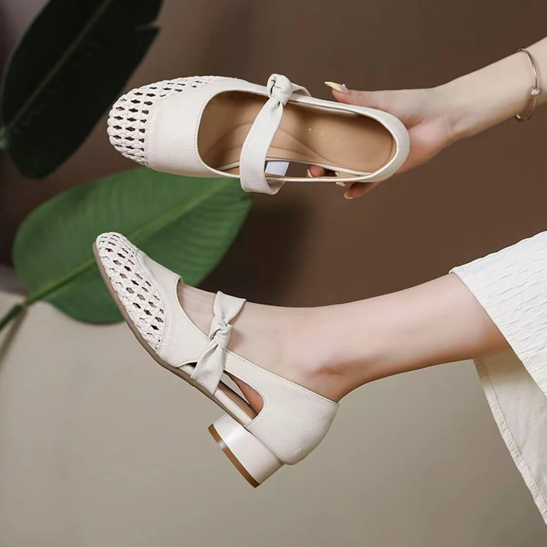 【朵苮品牌】2025薄款低跟夏季镂空防滑公主风单鞋松紧带纯色6915