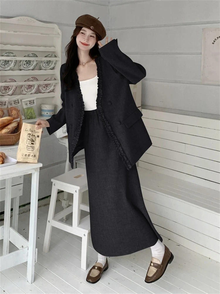 木耳边小香风西装套装裙女早春2025新款韩系西服半裙高级感两件套